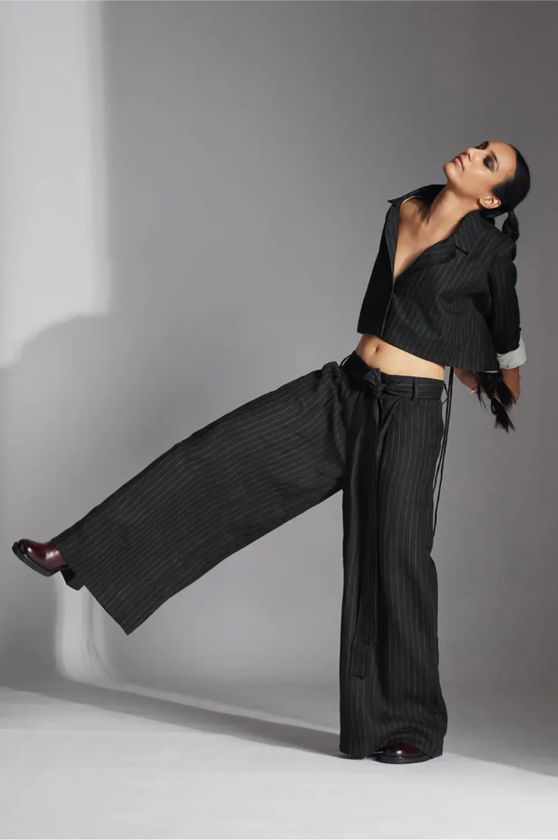 Zyra Jacket-Black and White linen by Chola in black color for women in Singapore