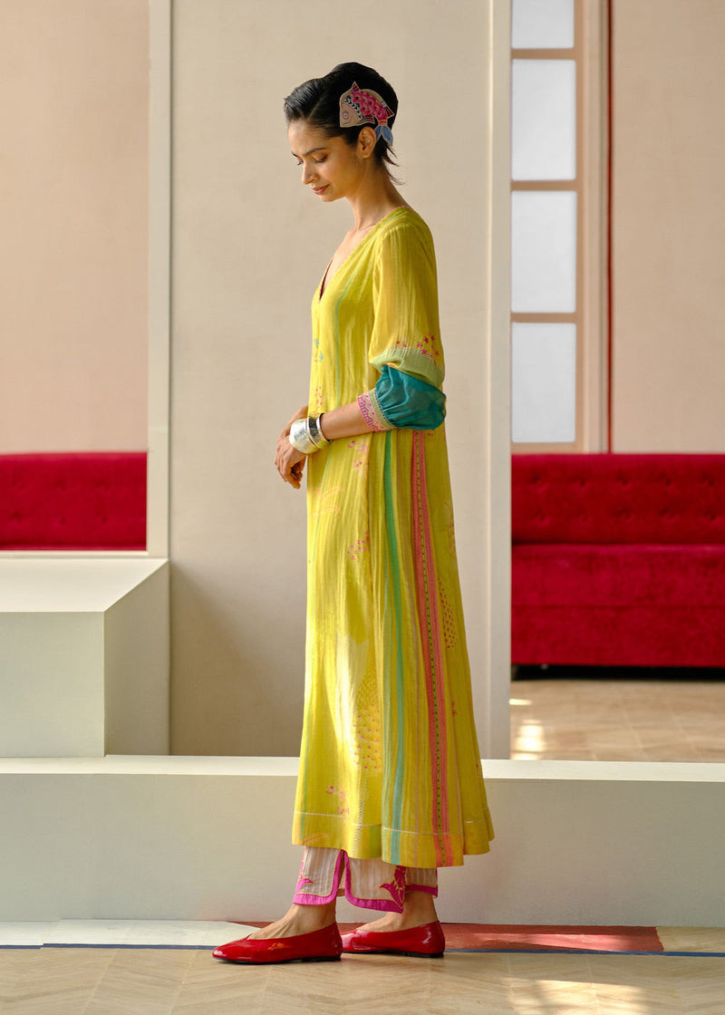 Zyra Yellow Nadira Printed Kurta Set cotton chanderi, shantoon, cotton silk kurta/kurta set by Rajiramniq in yellow for women in Singapore