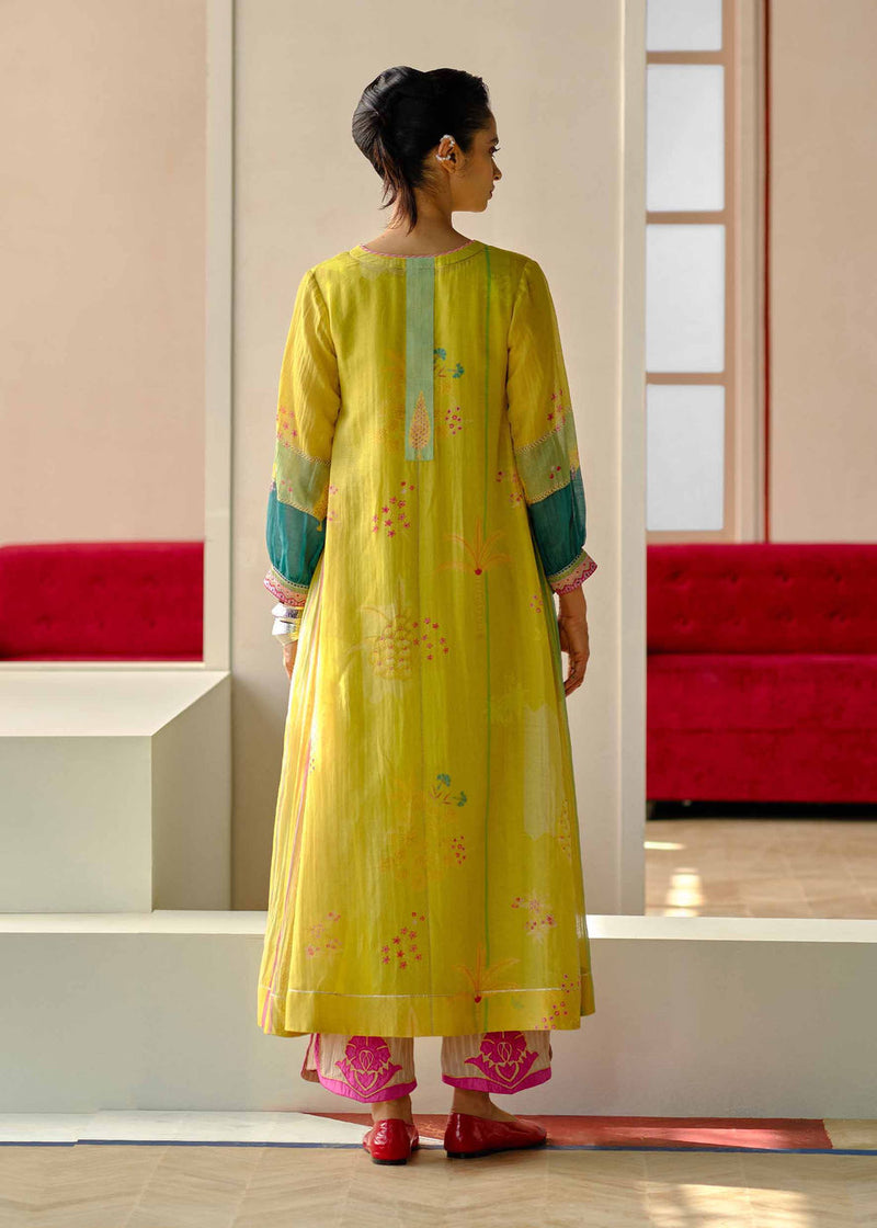 Zyra Yellow Nadira Printed Kurta Set cotton chanderi, shantoon, cotton silk kurta/kurta set by Rajiramniq in yellow for women in Singapore