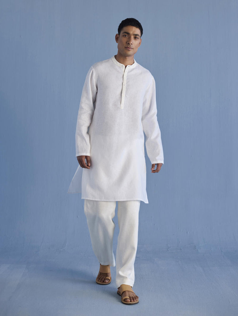 Jay Forever Linen Kurta - White linen by Manan Men in white color for men in Singapore