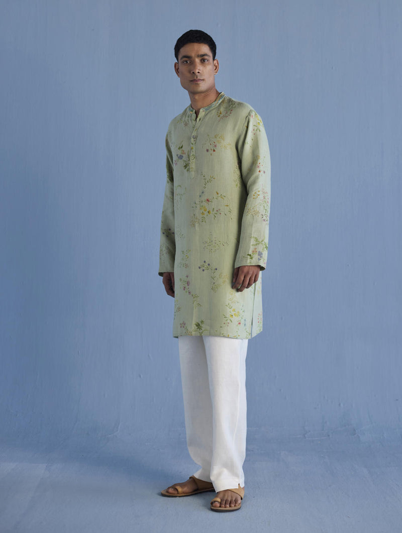 Ahan Floral Printed Kurta with Embroidered Collar - Mint linen by Manan Men in mint color for men in Singapore