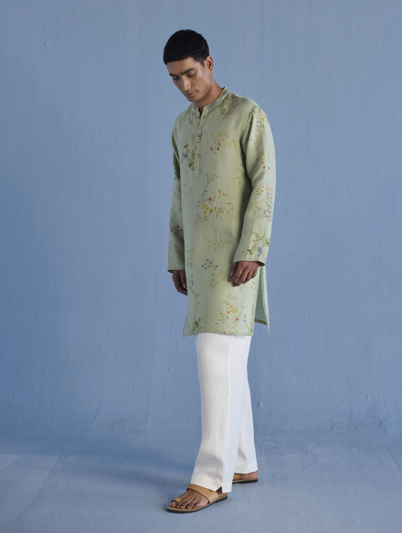 Ahan Floral Printed Kurta with Embroidered Collar - Mint linen by Manan Men in mint color for men in Singapore
