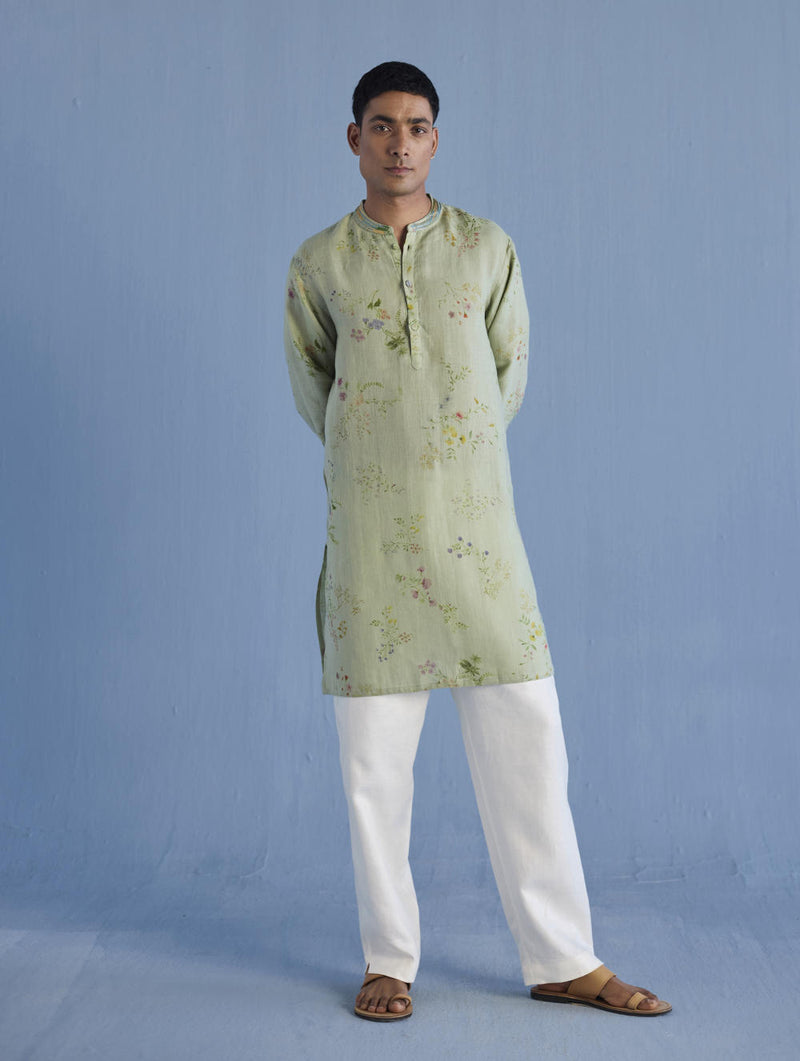 Ahan Floral Printed Kurta with Embroidered Collar - Mint linen by Manan Men in mint color for men in Singapore