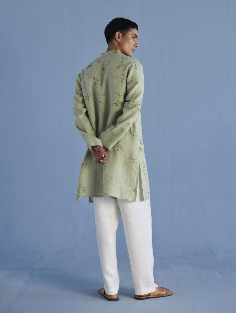 Ahan Floral Printed Kurta with Embroidered Collar - Mint linen by Manan Men in mint color for men in Singapore