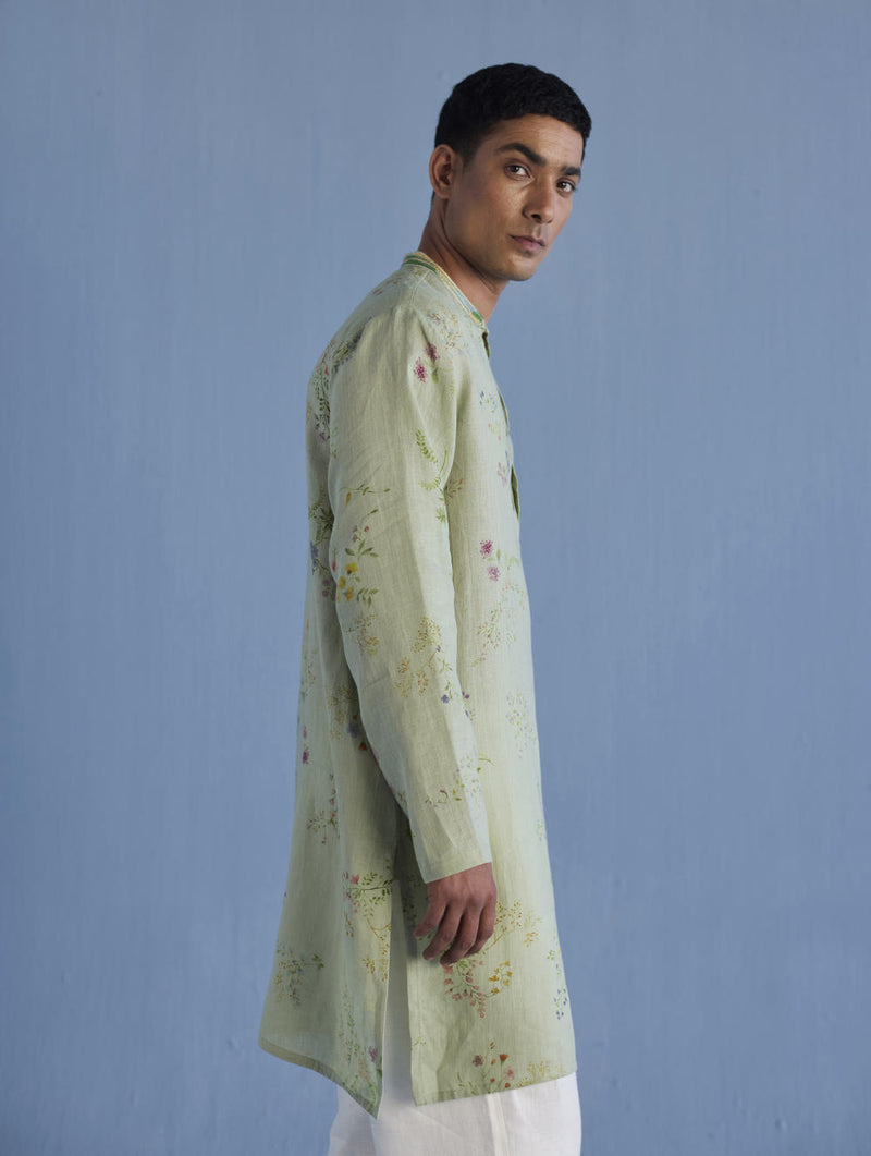 Ahan Floral Printed Kurta with Embroidered Collar - Mint linen by Manan Men in mint color for men in Singapore