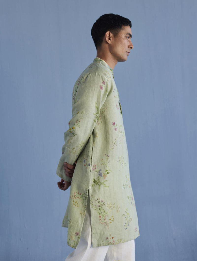 Ahan Floral Printed Kurta with Embroidered Collar - Mint linen by Manan Men in mint color for men in Singapore