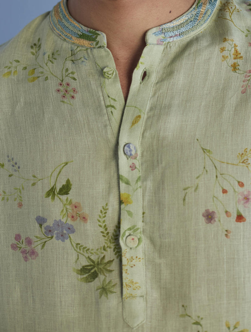 Ahan Floral Printed Kurta with Embroidered Collar - Mint linen by Manan Men in mint color for men in Singapore