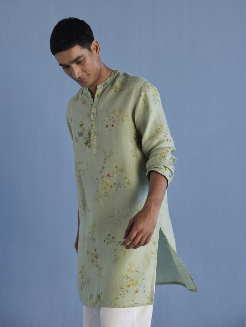 Ahan Floral Printed Kurta with Embroidered Collar - Mint linen by Manan Men in mint color for men in Singapore