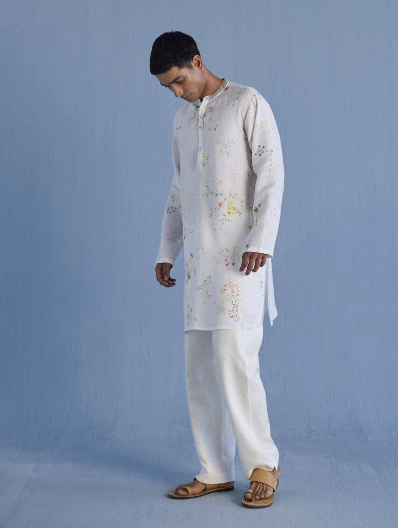 Ahan Floral Printed Kurta with Embroidered Collar - White linen by Manan Men in white color for men in Singapore