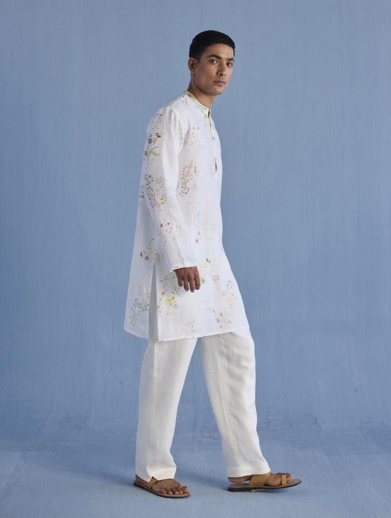 Ahan Floral Printed Kurta with Embroidered Collar - White linen by Manan Men in white color for men in Singapore