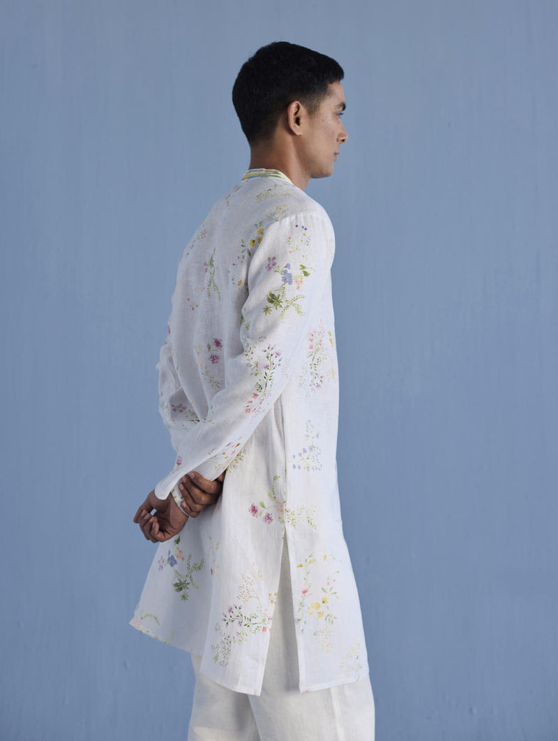 Ahan Floral Printed Kurta with Embroidered Collar - White linen by Manan Men in white color for men in Singapore
