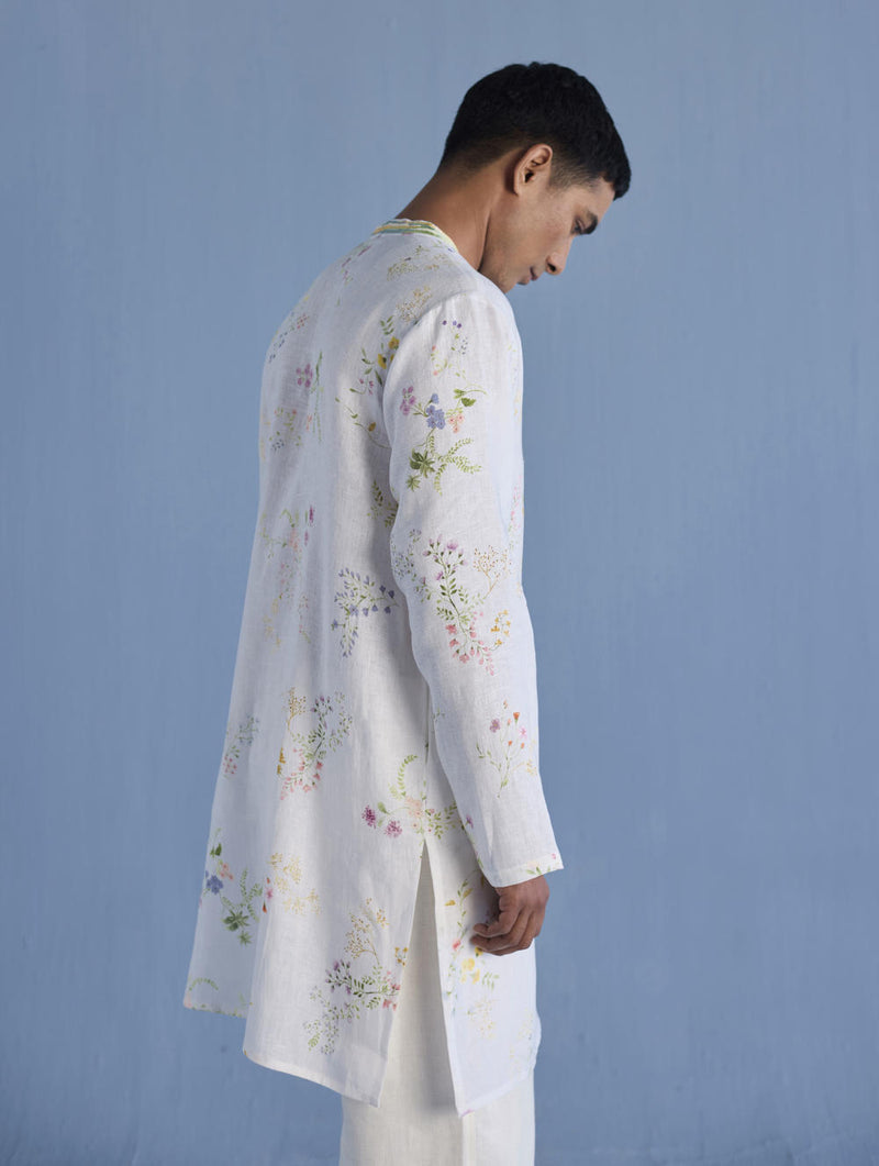 Ahan Floral Printed Kurta with Embroidered Collar - White linen by Manan Men in white color for men in Singapore