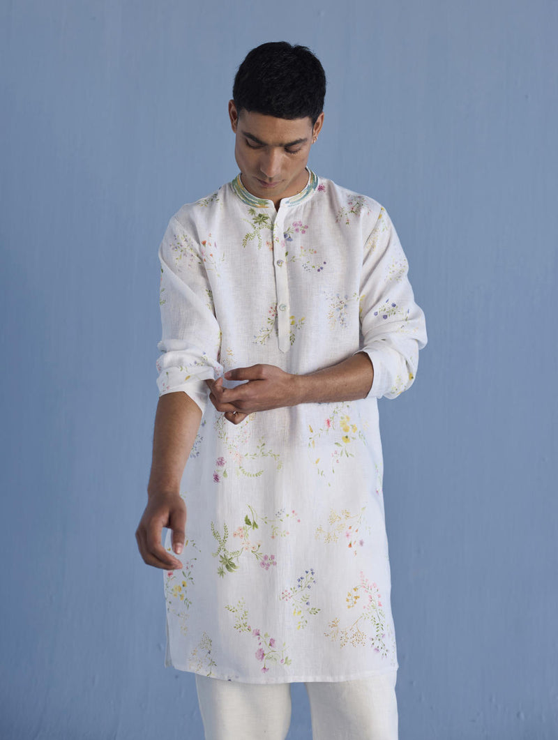 Ahan Floral Printed Kurta with Embroidered Collar - White linen by Manan Men in white color for men in Singapore