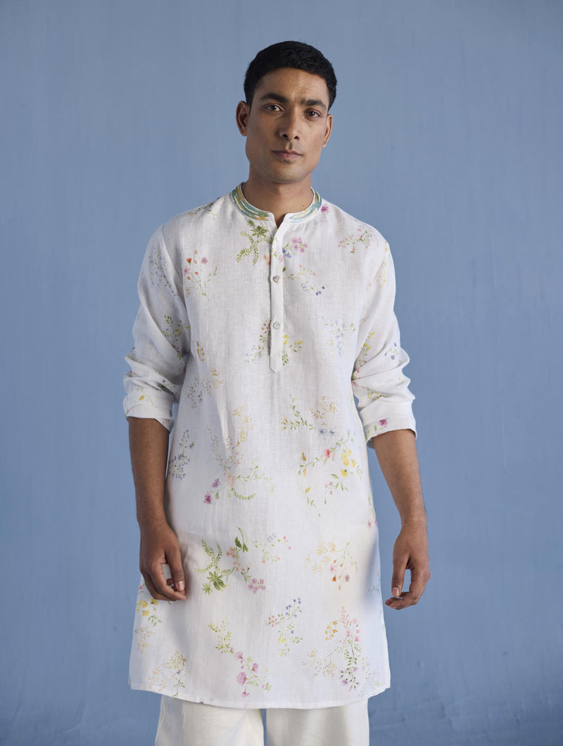 Ahan Floral Printed Kurta with Embroidered Collar - White linen by Manan Men in white color for men in Singapore