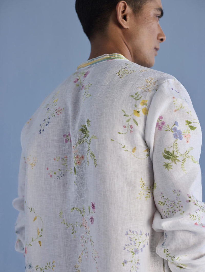 Ahan Floral Printed Kurta with Embroidered Collar - White linen by Manan Men in white color for men in Singapore