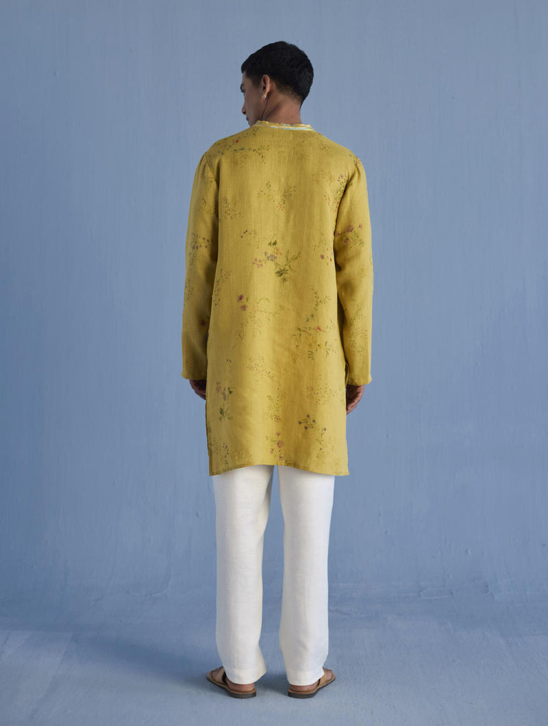 Ahan Floral Printed Kurta with Embroidered Collar - Ochre linen by Manan Men for men in Singapore