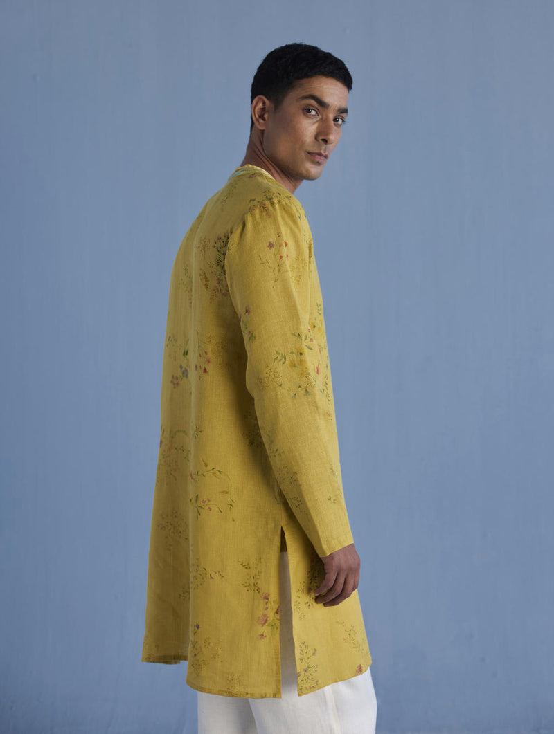 Ahan Floral Printed Kurta with Embroidered Collar - Ochre linen by Manan Men for men in Singapore