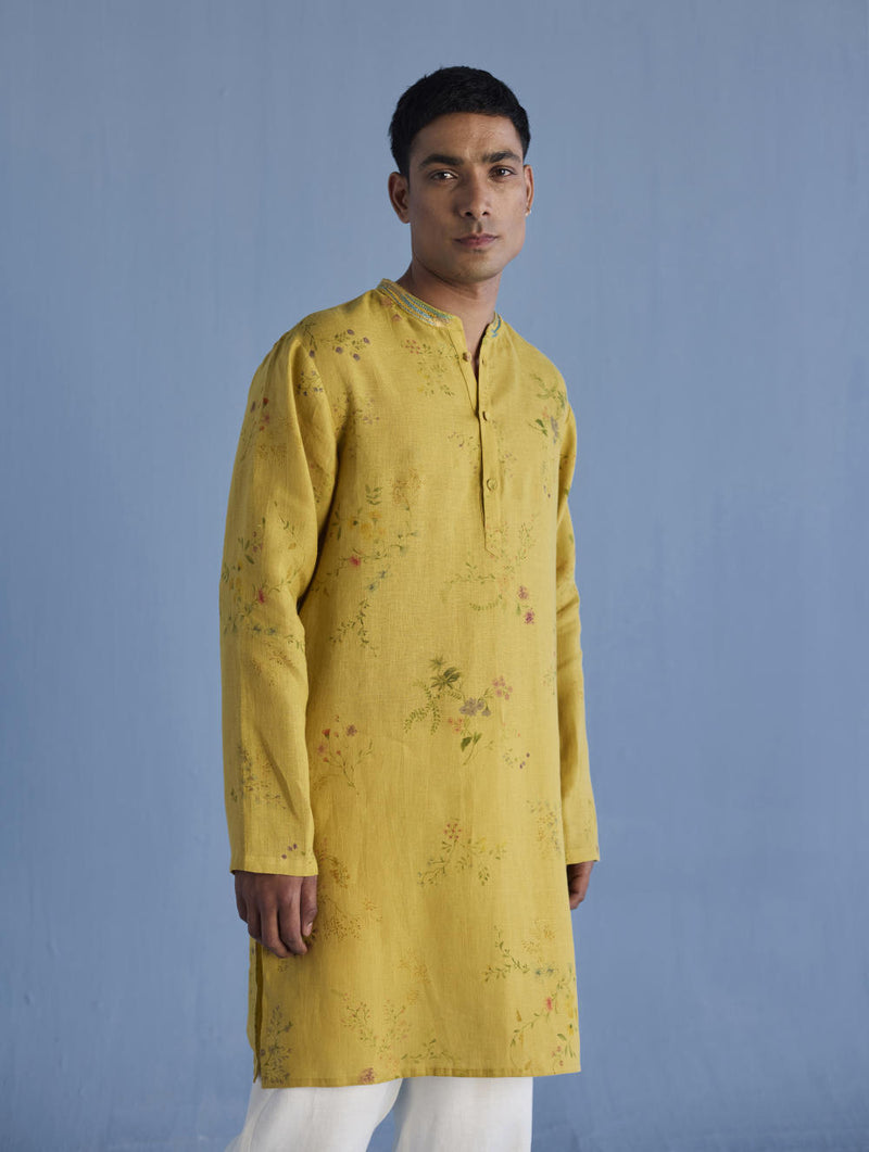 Ahan Floral Printed Kurta with Embroidered Collar - Ochre linen by Manan Men for men in Singapore