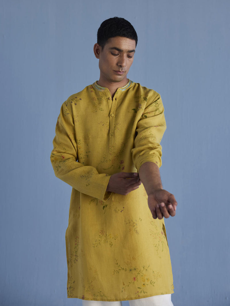 Ahan Floral Printed Kurta with Embroidered Collar - Ochre linen by Manan Men for men in Singapore