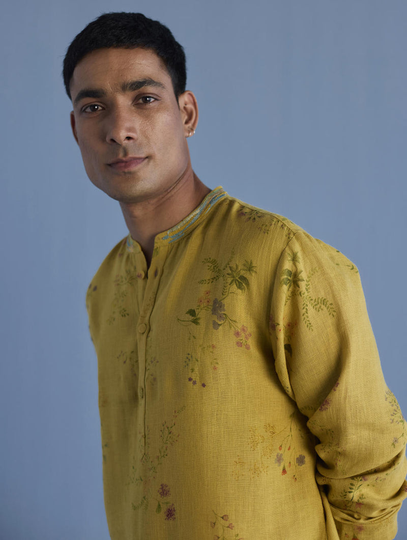 Ahan Floral Printed Kurta with Embroidered Collar - Ochre linen by Manan Men for men in Singapore