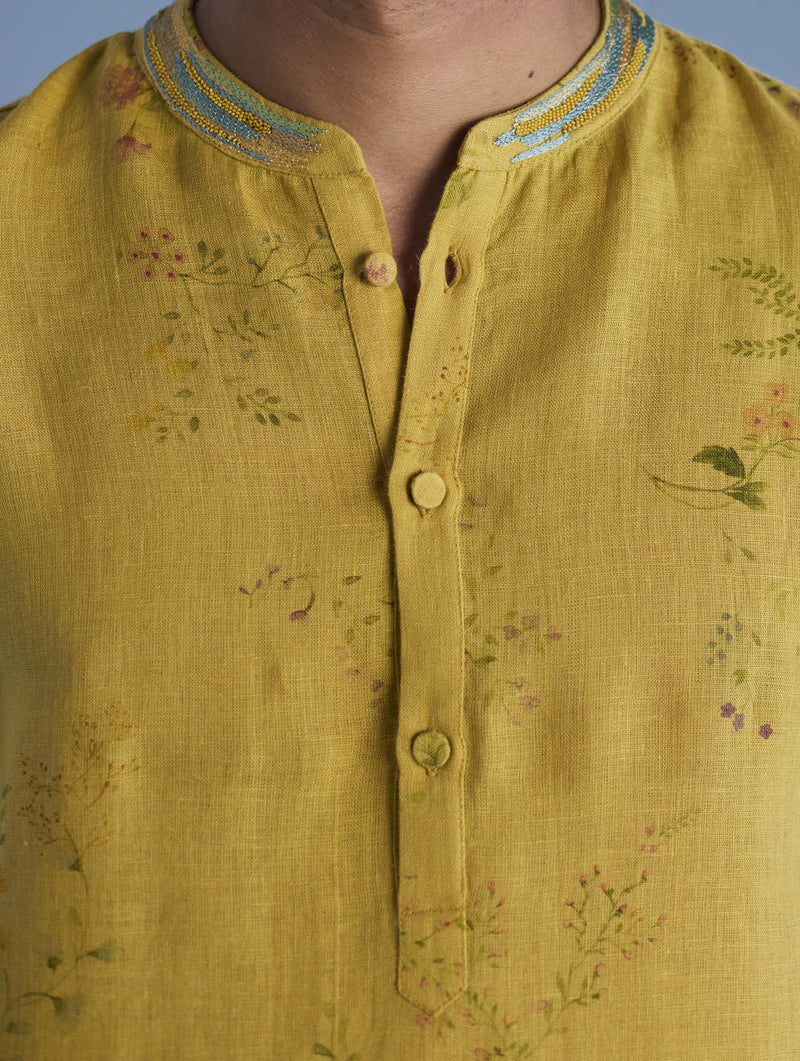 Ahan Floral Printed Kurta with Embroidered Collar - Ochre linen by Manan Men for men in Singapore