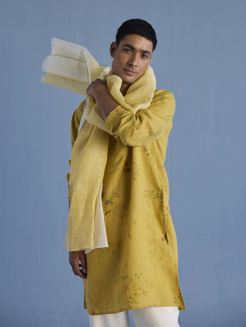 Ahan Floral Printed Kurta with Embroidered Collar - Ochre linen by Manan Men for men in Singapore