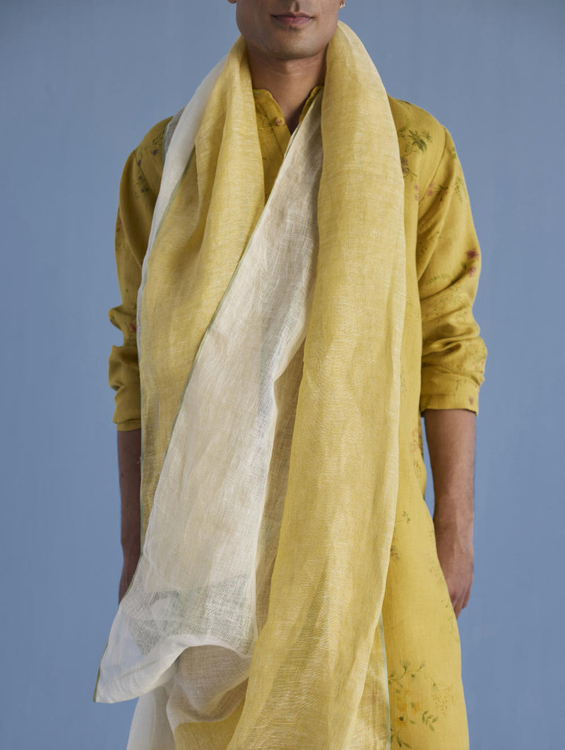 Ahan Floral Printed Kurta with Embroidered Collar - Ochre linen by Manan Men for men in Singapore