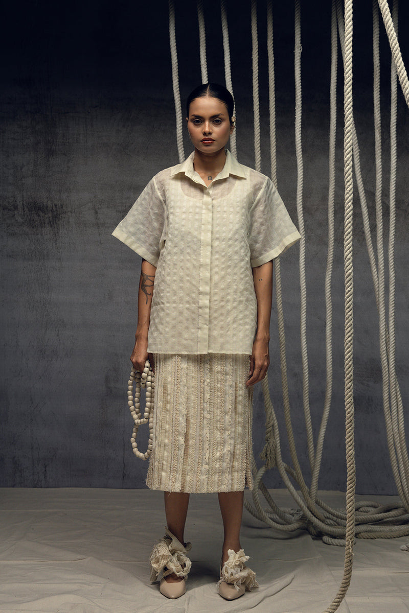 Ivorykhadi Silk Checkered Shirt khadi silk top/shirt by Kritika Murarka in ivory for women in Singapore