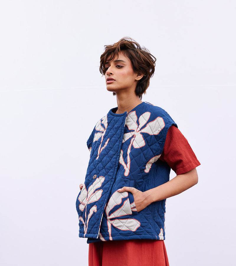 Aster vest jacket cotton by Khara Kapas in blue for women in Singapore
