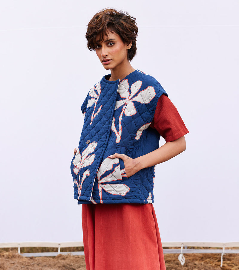 Aster vest jacket cotton by Khara Kapas in blue for women in Singapore