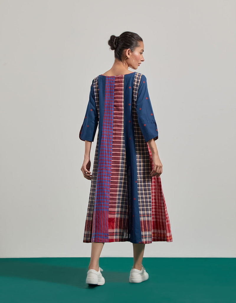 Deep Sea 16 Panelled Dress cotton,gamcha dress by 145 East in blue for women in Singapore
