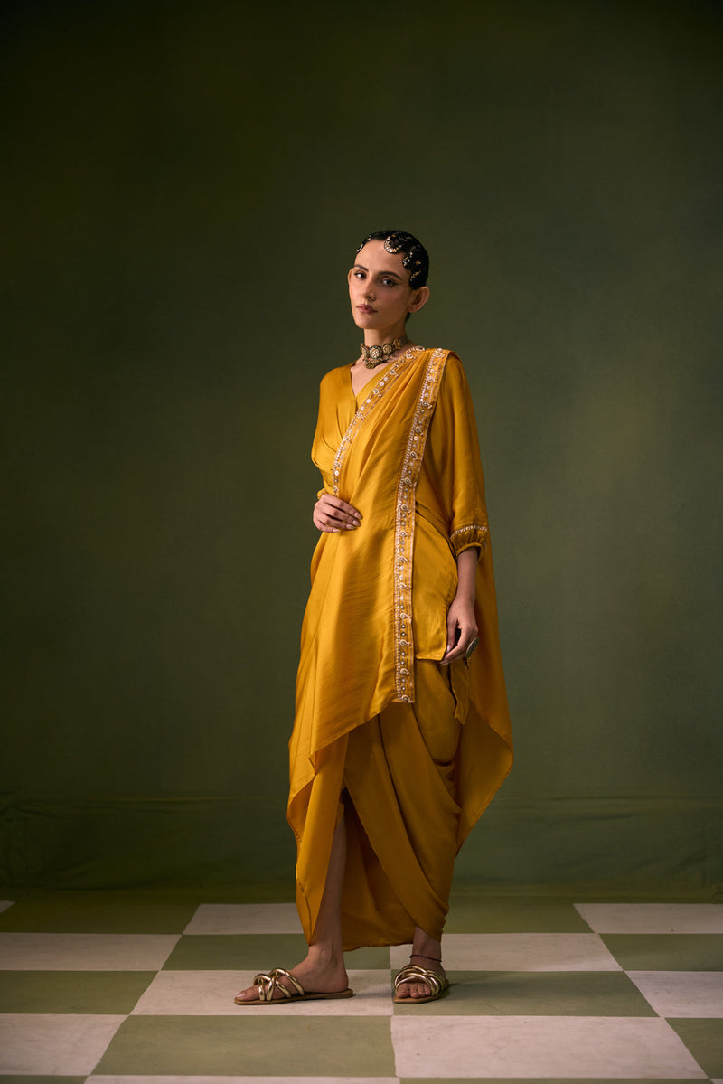 Moro Toga Drape Dress vegan satin, organza satin sarees by PRAHNAAYA in musturd yellow for women in Singapore