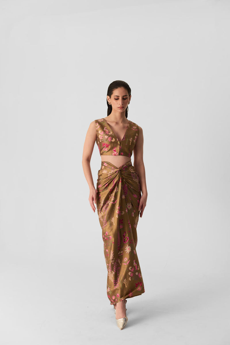 BAHAR PINK SKIRT & TOP SET silk by Yam in multi color for women in Singapore