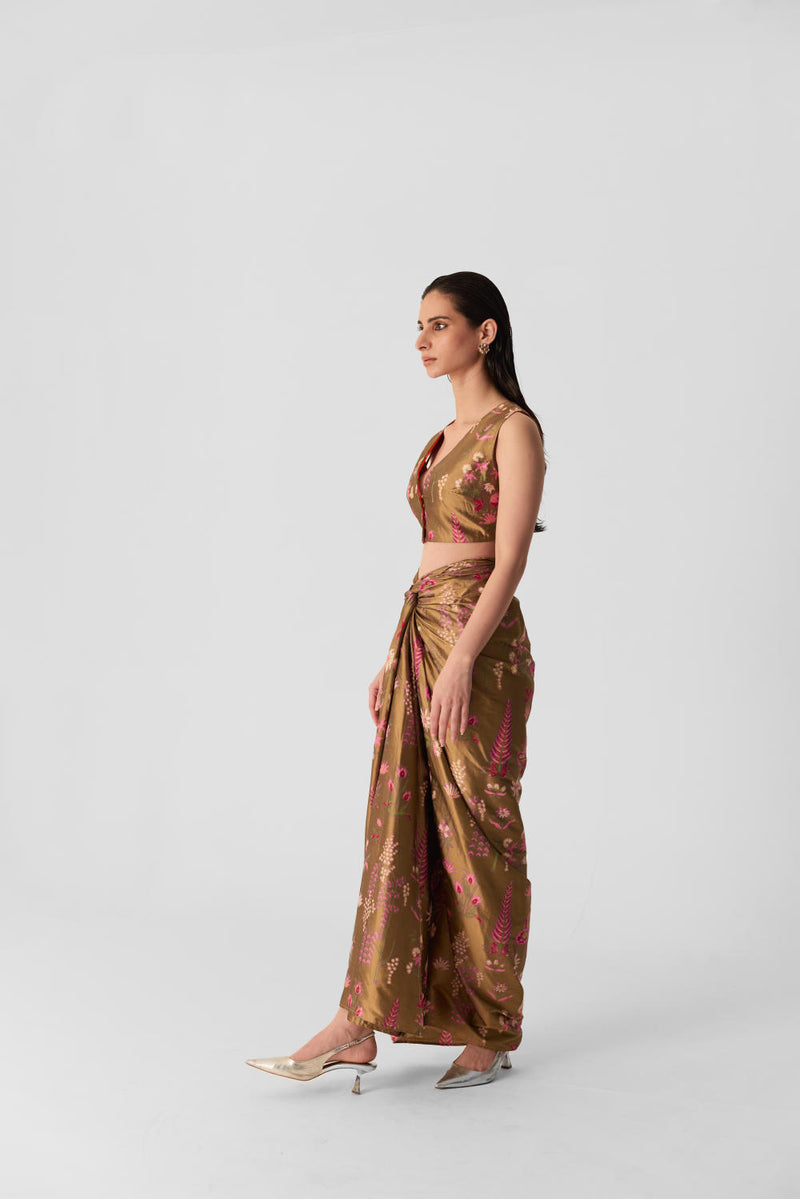 BAHAR PINK SKIRT & TOP SET silk by Yam in multi color for women in Singapore
