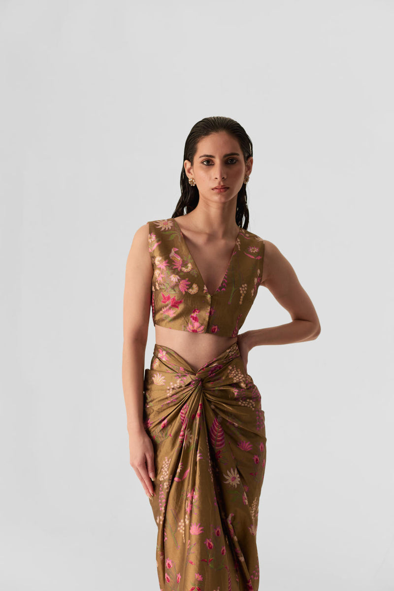 BAHAR PINK SKIRT & TOP SET silk by Yam in multi color for women in Singapore