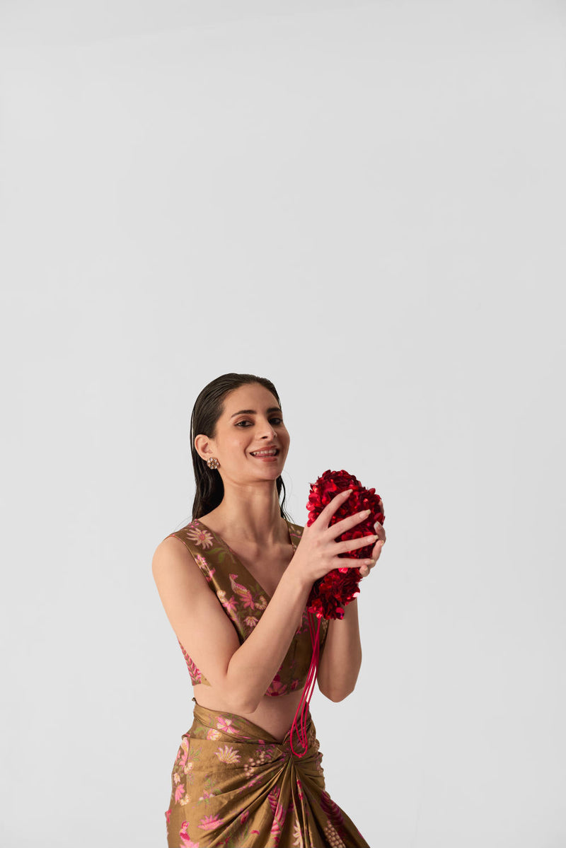 BAHAR PINK SKIRT & TOP SET silk by Yam in multi color for women in Singapore