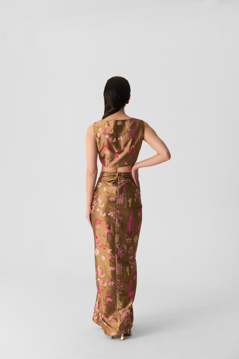 BAHAR PINK SKIRT & TOP SET silk by Yam in multi color for women in Singapore