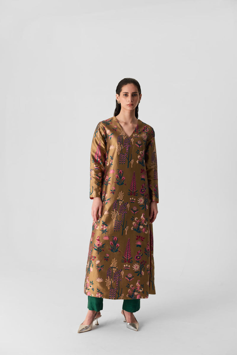 BAHAR V NECK KURTA SET silk by Yam in multi color for women in Singapore