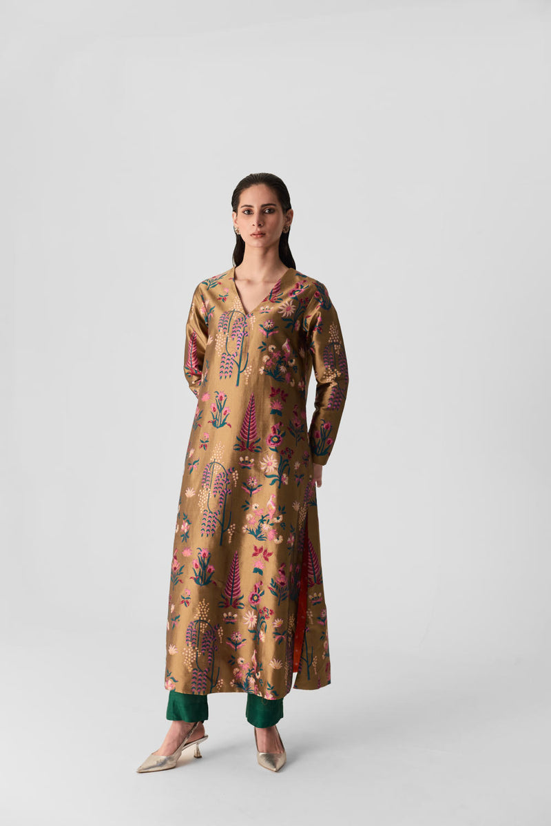 BAHAR V NECK KURTA SET silk by Yam in multi color for women in Singapore