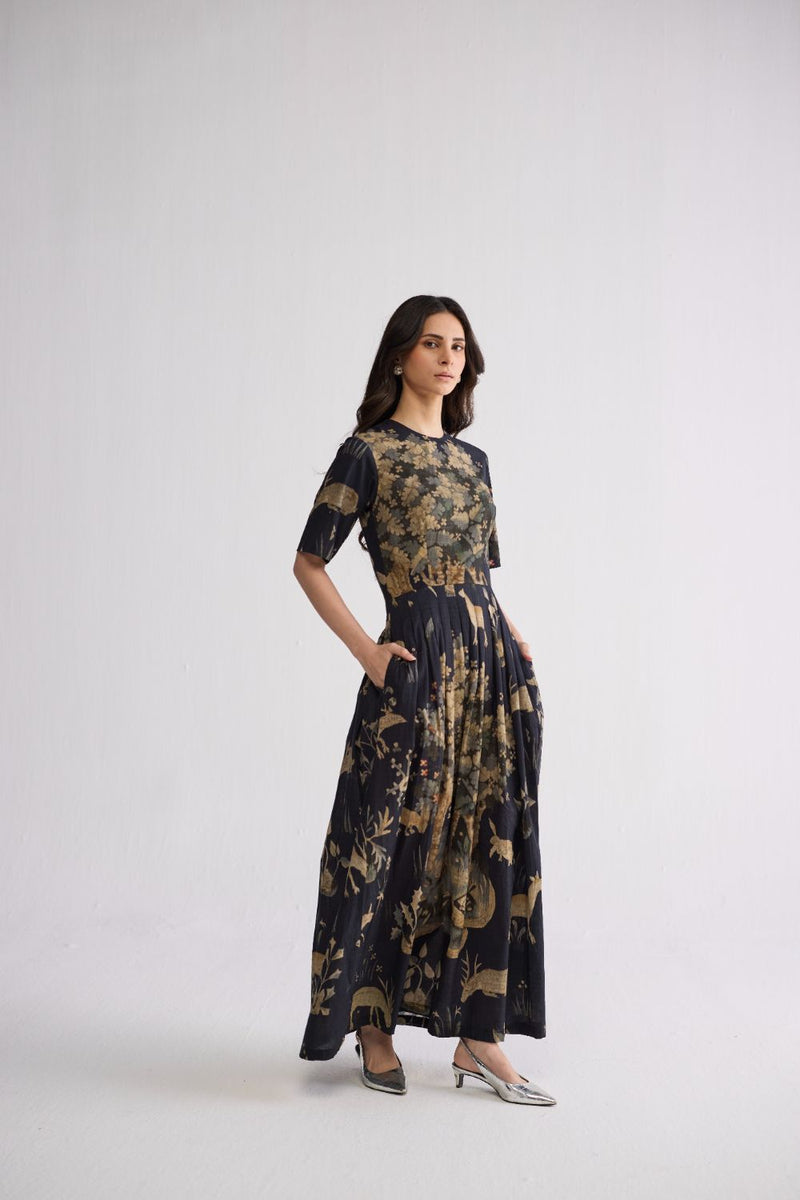BANYAN HALF PLEATED DRESS poplin dress by YAM in all-black for women in Singapore
