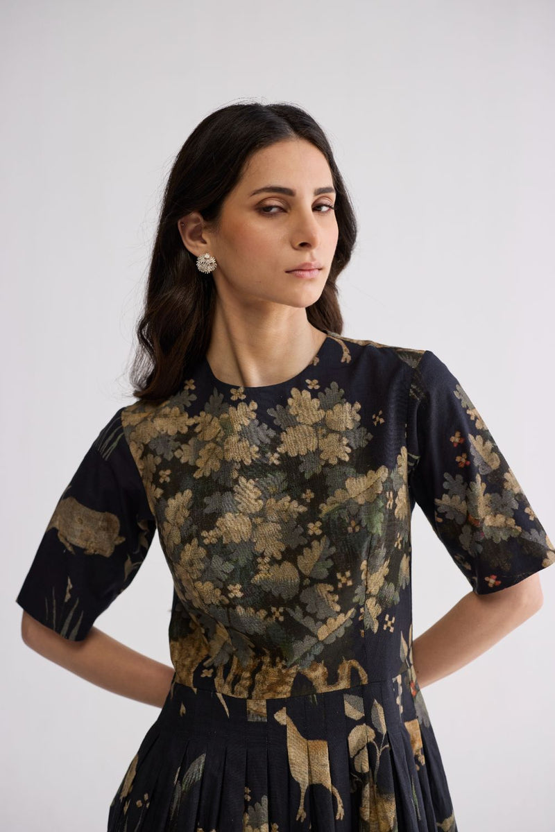 BANYAN HALF PLEATED DRESS poplin dress by YAM in all-black for women in Singapore