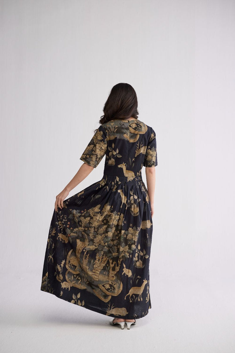 BANYAN HALF PLEATED DRESS poplin dress by YAM in all-black for women in Singapore
