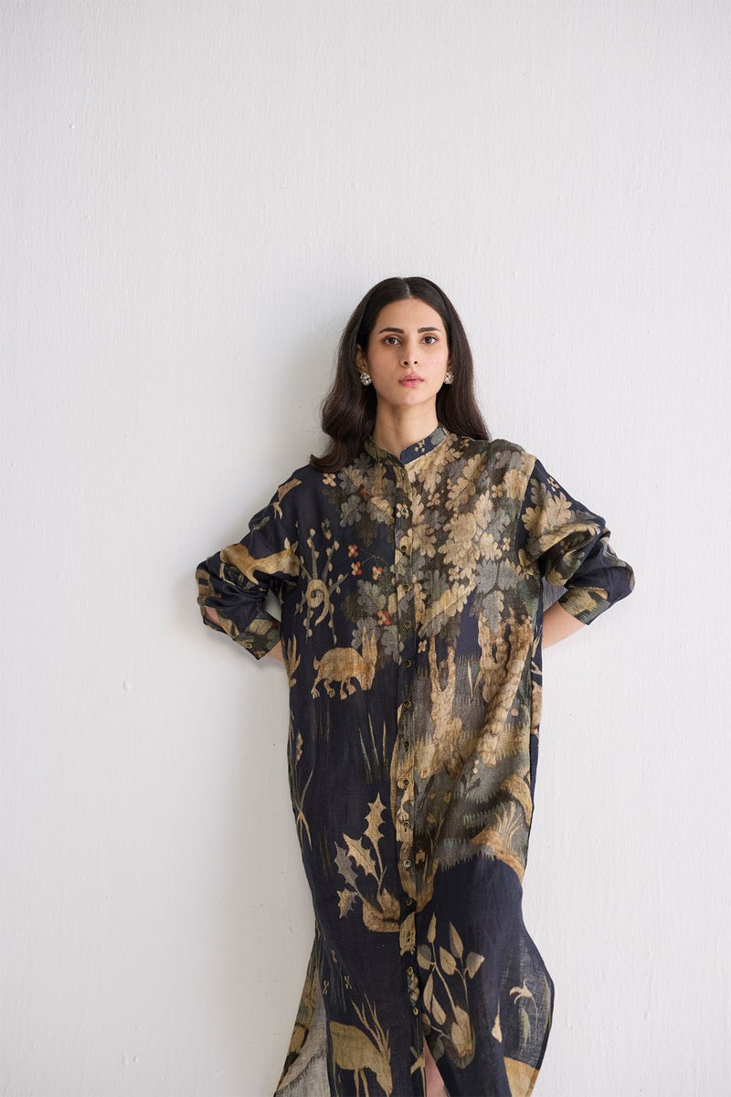 BANYAN LINEN SHIRT DRESS linen dress by YAM in all-black for women in Singapore