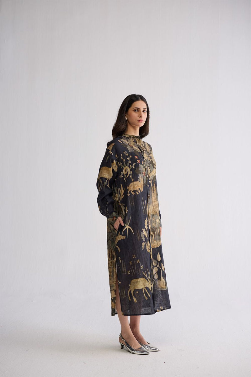 BANYAN LINEN SHIRT DRESS linen dress by YAM in all-black for women in Singapore