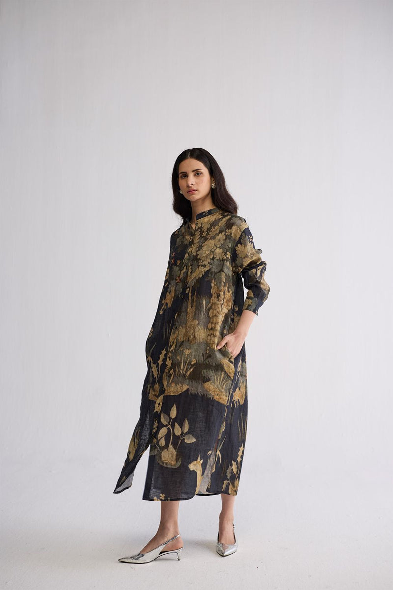 BANYAN LINEN SHIRT DRESS linen dress by YAM in all-black for women in Singapore