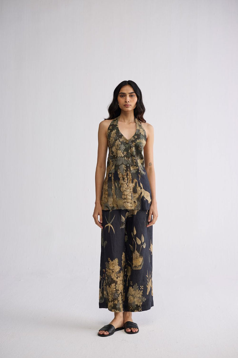 BANYAN HALTERNECK WAISTCOAT & PANTS SET linen co-ord set by YAM in all-black for women in Singapore