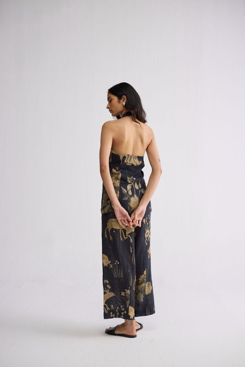 BANYAN HALTERNECK WAISTCOAT & PANTS SET linen co-ord set by YAM in all-black for women in Singapore