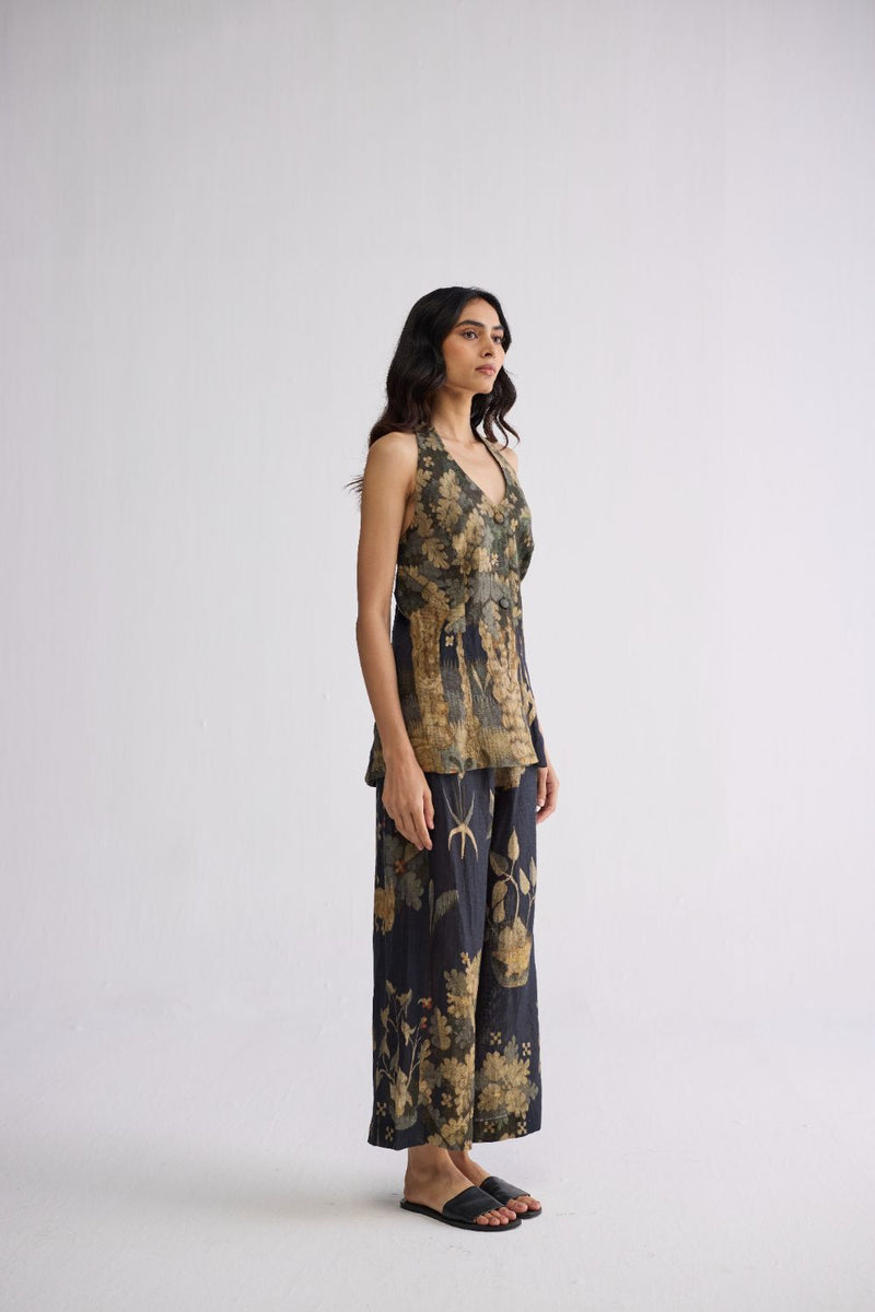 BANYAN HALTERNECK WAISTCOAT & PANTS SET linen co-ord set by YAM in all-black for women in Singapore
