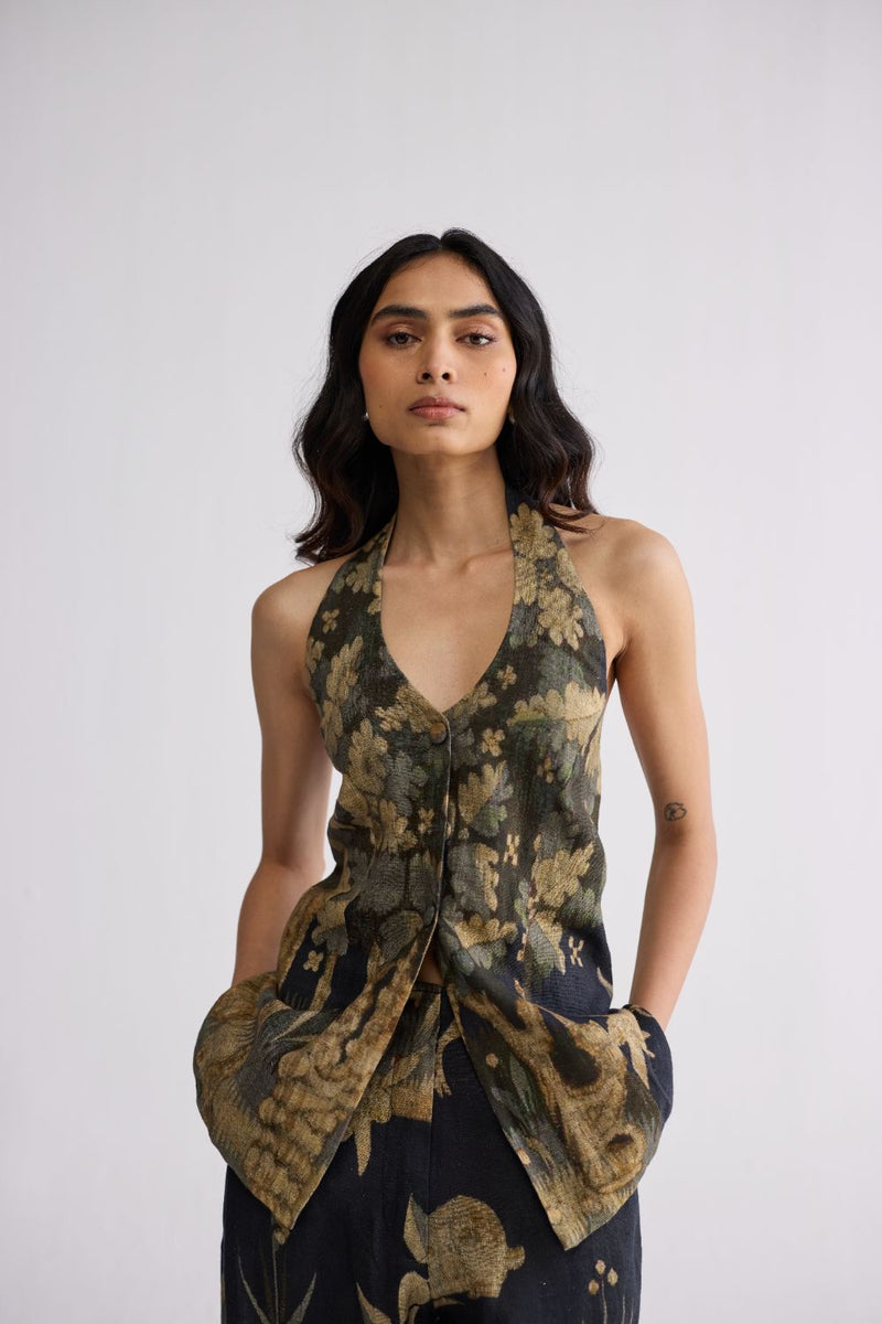 BANYAN HALTERNECK WAISTCOAT & PANTS SET linen co-ord set by YAM in all-black for women in Singapore