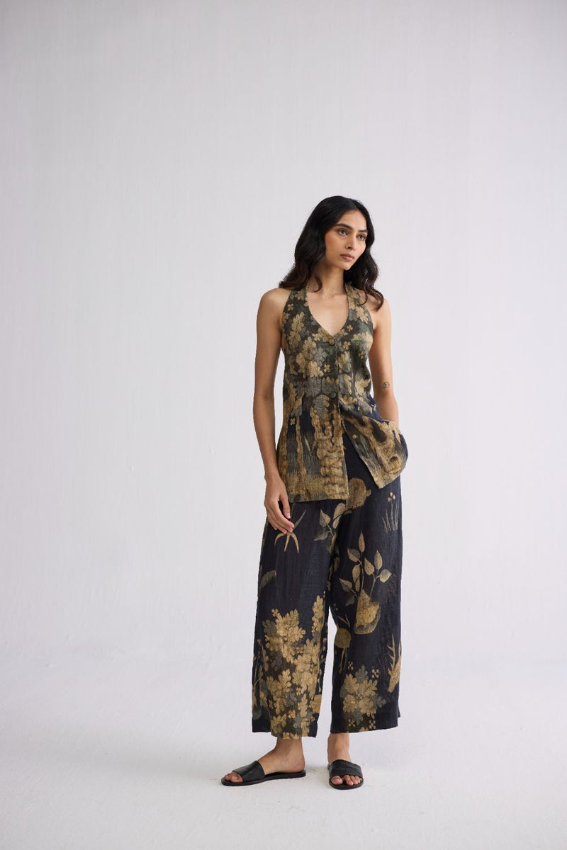 BANYAN HALTERNECK WAISTCOAT & PANTS SET linen co-ord set by YAM in all-black for women in Singapore